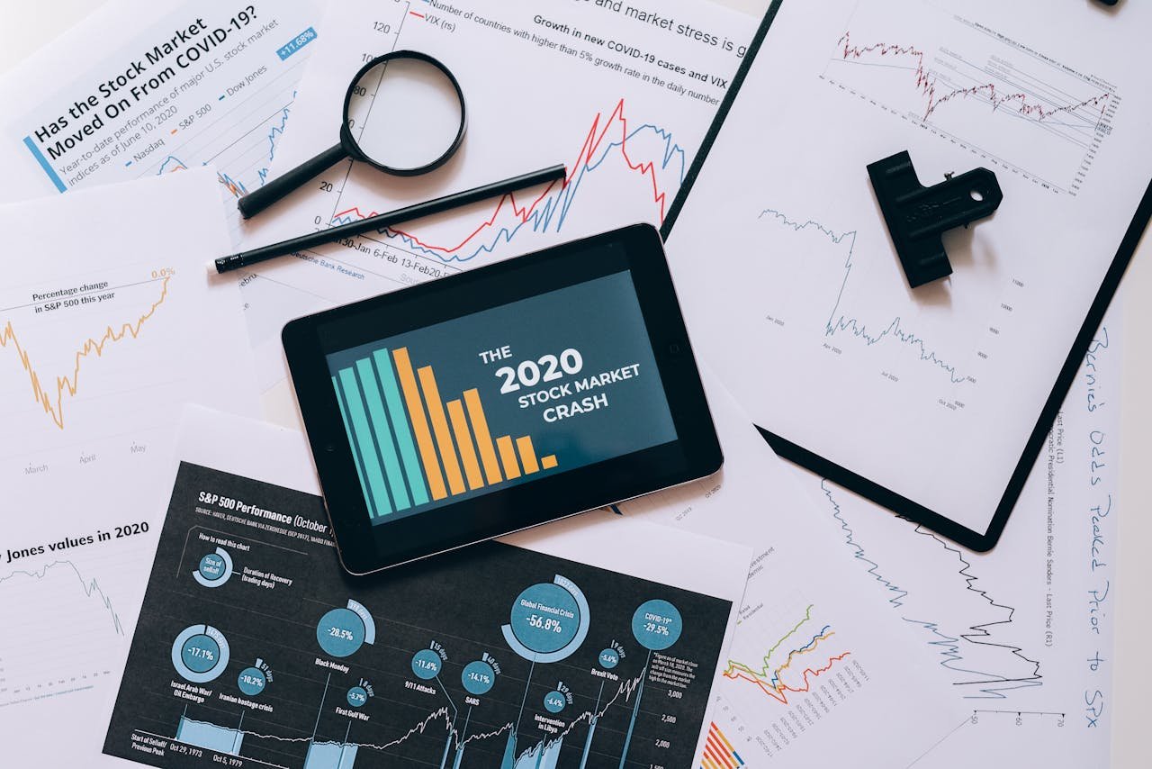 Tablet displaying 2020 stock market crash amidst graphs and charts. Perfect for financial analysis themes.